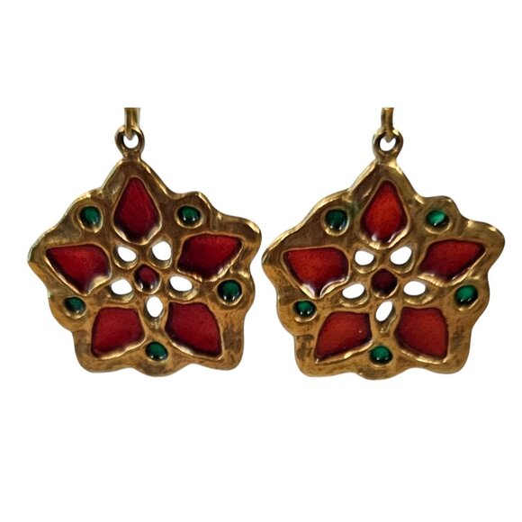 MMA Plique-A-Jour Style French Hook Poinsettia Earrings, Signed L514 - Picture 5 of 11